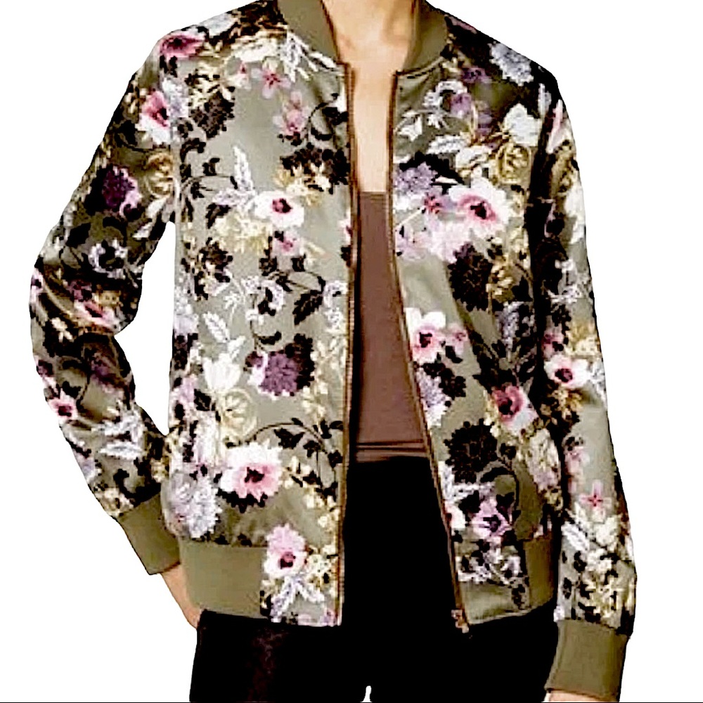 Say What? Size large sage green floral print lined silky zip up bomber jacket
